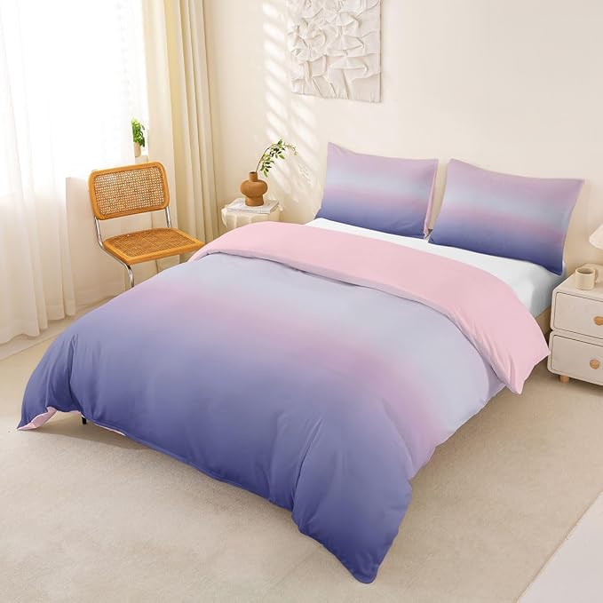 Erosebridal Pink and Purple Bedding Set Queen Modern Ombre Duvet Cover for Kids Teens Abstract Rainbow Comforter Cover Watercolor Artwork Bed Set with Zipper