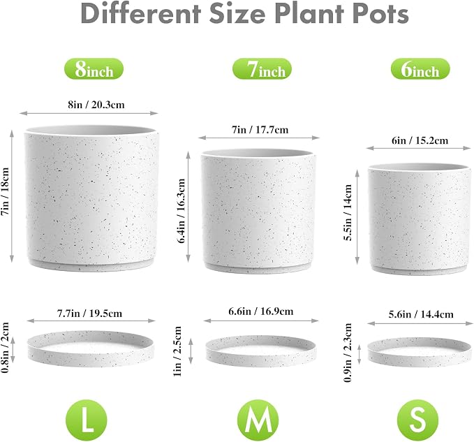 Meowell 8/7/6 inch Flower Pots, 3 Set Cylindrical Plant Pots for Outdoor Indoor Plants, Decorative Plastic Planters with Drainage Holes and Saucers for Garden House Plants, White with Black Speckles