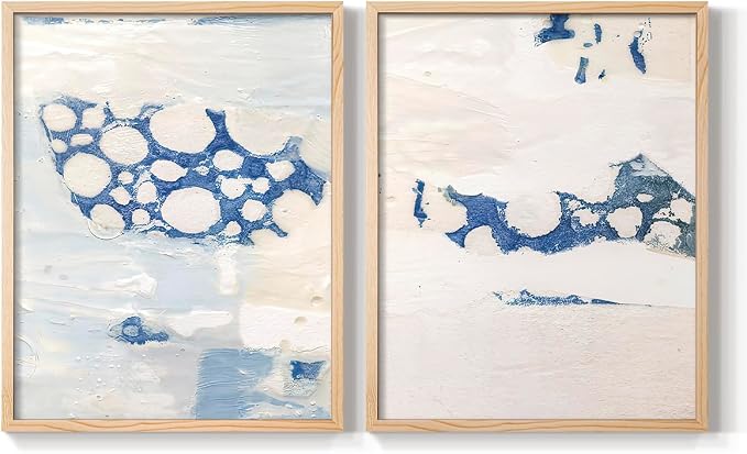 Renditions Gallery Set of 2 Peel & Stick Framed Prints, Textured Abstract Wall Art, White Blue Bubble Like Pattern Wall Decor, Re-Stickable - Ready to Hang - 11"x14" - NATURAL WOOD Frame LT588
