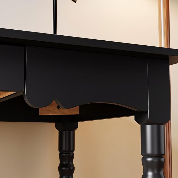 WOODTIME 47.2" W Home Office Computer Desk with Solid Wood Legs, Vintage Gaming PC Desk Study Writing Table with Drawer, Black