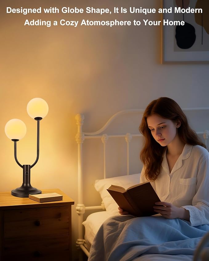 Lightdot 2-Globe Table Lamp for Bedroom Mid Century Modern Black Small Desk Lamp 3000K Warmwhite Dimmable Nightstands Lamp Bedside Table Lamp for Living Room Home Office