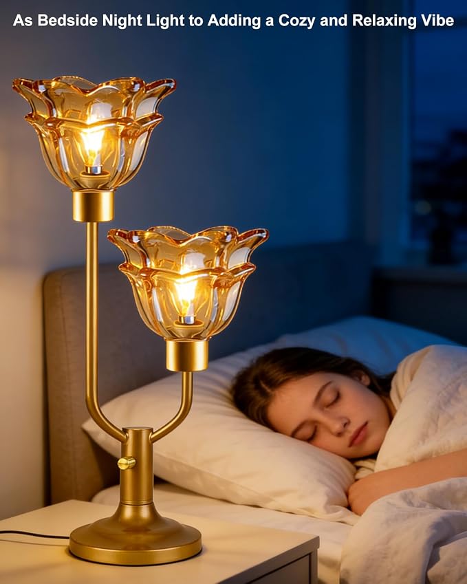 Lightdot Mid Century Modern Flower Table Lamp for Living Room Dimmable Nightstand Lamp Amber Glass Vintage Gold Desk Lamp 2 Bulbs Included Warmwhite Ambient Bedside Lamp for Bedroom Home Office Decor