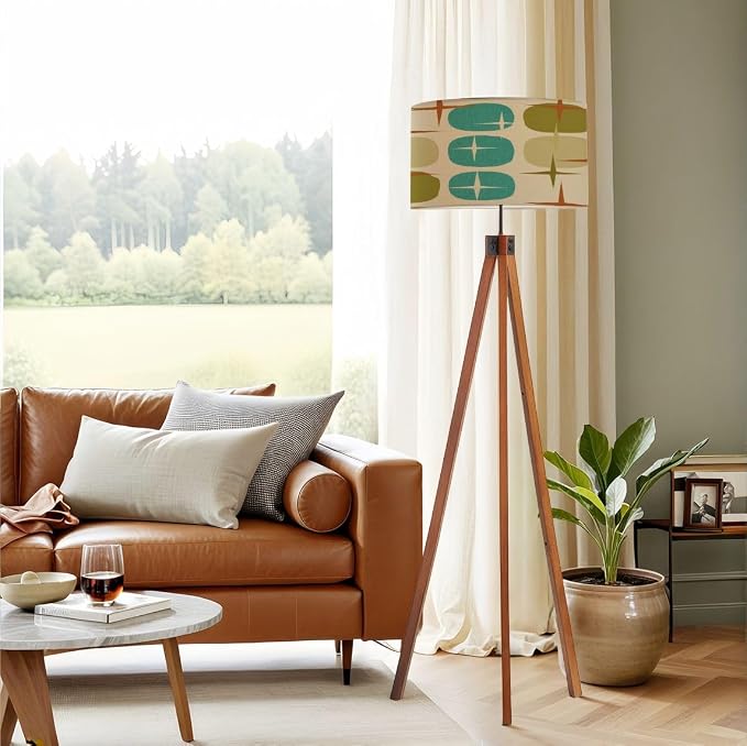 Wood Tripod Floor Lamp Retro Abstract Era Seamless 1950s 1960s 1970s modern abstract texture Mid Century Standing Lamp Linen Shade Dimmable Modern Tall lamp Home Decor for Living Room Bedroom Office
