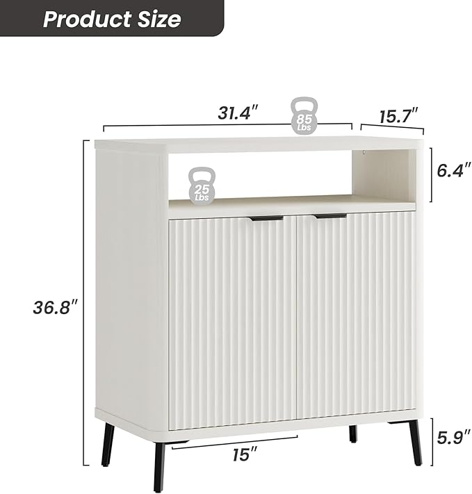 Buffet Sideboard Cabinet with Storage Set of 2, Fluted Coffee Bar with 2 Doors and Adjustable Shelves, 34'' Modern Wood Cabinet for Dinning Room, Kitchen, Living Room,Coffee Bar (White)