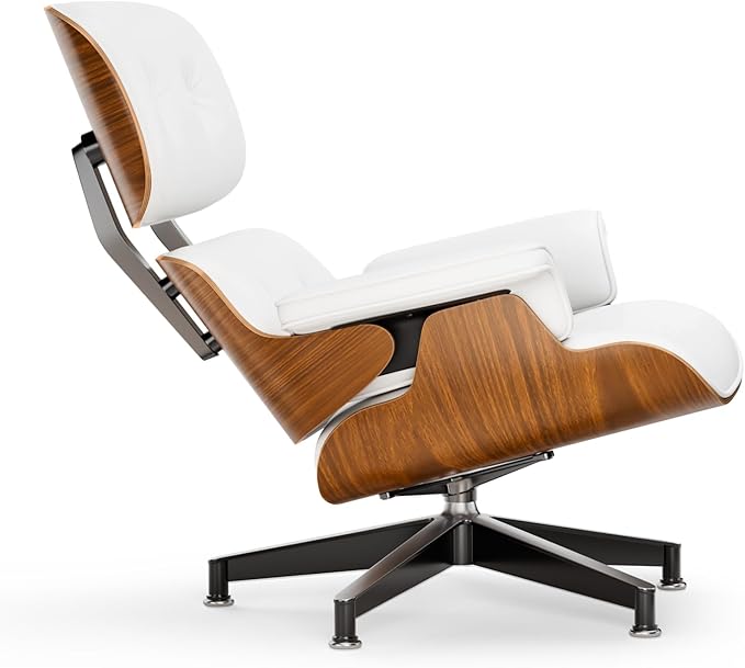 Top White PU Leather, Mid Century Chaise Lounge Chair and Ottoman, Modern Chair Classic Design, Walnut Wood, Heavy Duty Base Support for Living Room Office