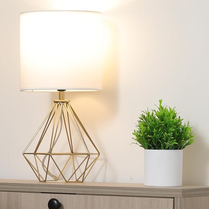 Gold Modern Small Table Lamp for Bedroom & Living Room - Geometric Metal Base, White Fabric Shade, Ideal for Bedside & Kids' Desk, Nightstand Lamp