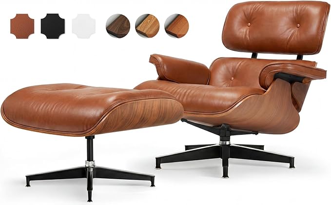 Top Grain Leather, Mid Century Chaise Lounge Chair and Ottoman, Reading Chair, Accent Chair, Modern Classic Chair, Heavy Duty Base Support for Living Room Lounge Office, Walnut-Brown, Heightening