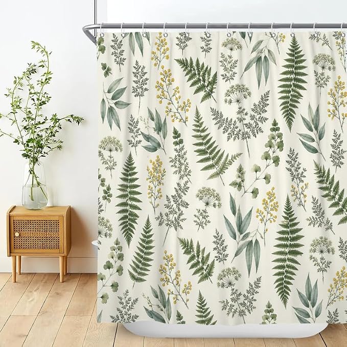 Fern Leaf Vintage Sage Green Shower Curtain Eucalyptus Farmhouse Plant Leaves Rural Floral Botanical Art Natural Waterproof Curtain for Bathroom 72x72 in with 12 Hooks