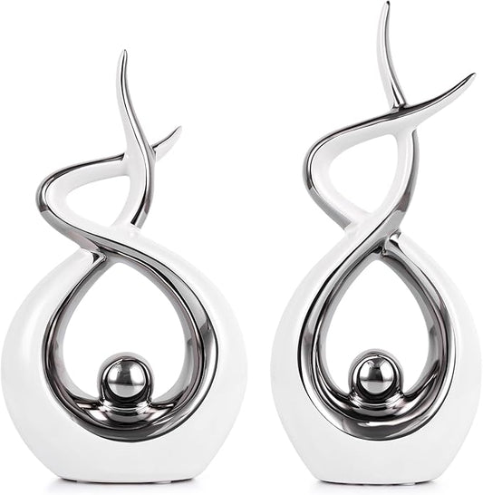 LCCCK White and Silver Abstract Table Decor, Abstract Sculptures Home Decor, Ceramic Sculpture Set of 2 with Electroplated Finish, Modern Tabletop Statues for Dining Table or Shelf
