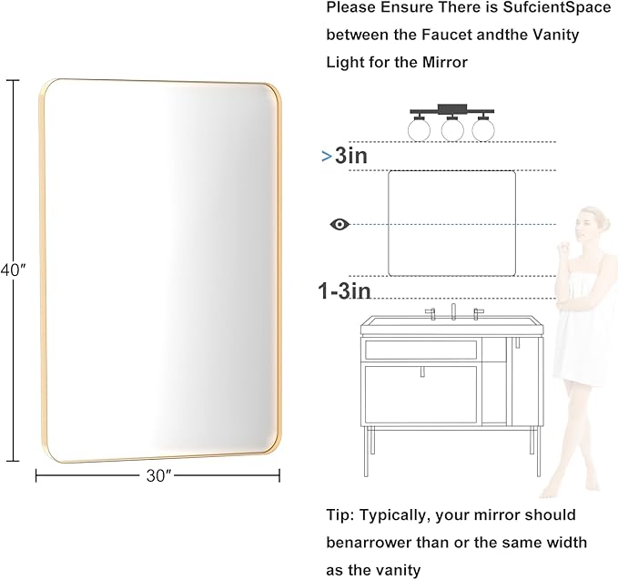 Brushed Gold Bathroom Mirror for Over Sink, 30" x 40" Framed Rectargular Wall-Mounted Bathroom Mirrors for Vanity, Decorative, Farmhouse, Restroom, Horizontally or Vertically Hanging