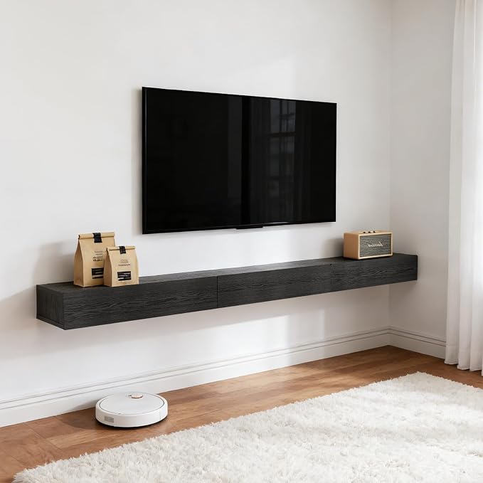 Floating Solid Wood Console Table, 71'' Wall Mounted Narrow Entryway Table with Storage Shelf, Modern Couch Shelves Small Entry Way Tables for Entryway, Front Hall, Hallway (Black, 70.86IN)