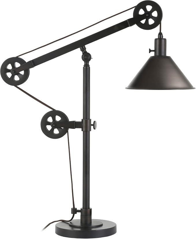 Henn&Hart 29" Mid-Century Modern Pully System 1-Light Table Lamp with 8" Black Metal Cone Shade for Living Room, Bedroom, or Office, Black