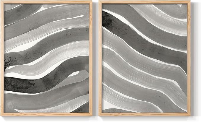 Renditions Gallery Set of 2 Peel & Stick Framed Prints, Watercolor Abstract Wall Art, Black and White Bold Brushstrokes Wall Decor, Re-Stickable - Ready to Hang - 8"x10" - NATURAL WOOD Frame LT588