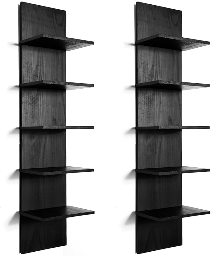 Yuntau 2 Pieces 5 Tier Black Wall Shelves for Bedroom 31.4 Inches Split Assembly Type Mount Vertical Wall Shelf Column Lack Hanging Floating Shelf for Storage Organizer Living Room Home