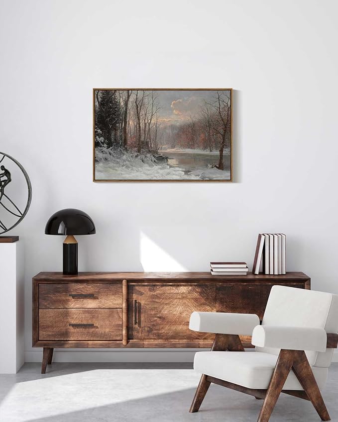 ARPEOTCY Vintage Framed Canvas Wall Art, Christmas Wall Art, Snow Straem River Tree Cloud Farmhouse Landscape Art Hanging Paintings for Living Room Bathroom Bedroom, 20x30 Inch