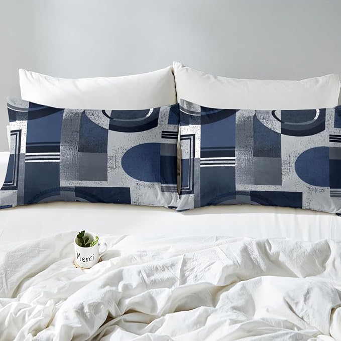 Abstract Striped Circle Duvet Cover Set Toddler Size,Aesthetic Retro Artwork Bedding Set,Boys Girls Room Decor,Geometric Graffiti Squares Comforter Cover,Navy Blue Quilt Cover,1 Pillowcase(No Filler)