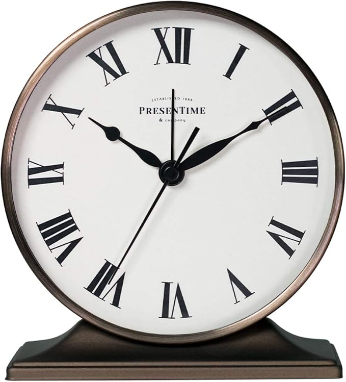 Presentime & Co Lewis Mantel Alarm Clock, Desk and Shelf Clock, Tabletop Decoration, 5.5 x 5 inch, Silent no Ticking, Metal Base, Bronze Finish, Roman Numeral