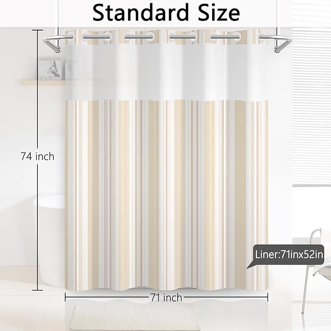No Hook Shower Curtain with Snap in Liner, Beige Striped Shower Curtains for Minimalist Modern Bathroom, Waterproof Cloth Fabric with Mesh Top Window, 71x74 Inch