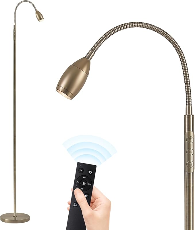 Reading Floor Lamp, Dimmable LED Floor Lamp with Remote, Standing Lamp with Flexible Gooseneck, Zoomable Spotlight, Reading light, Task Crafting Tall Lamps for Living Room Office Bedroom(Brass)