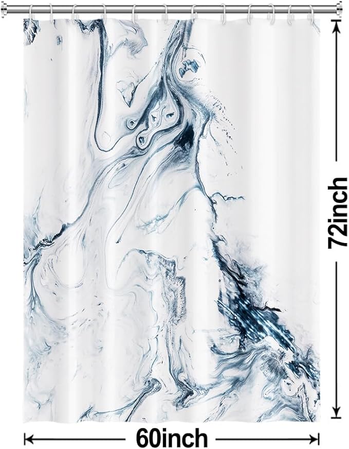 Blue and White Shower Curtain, Modern Ombre Blue Marble Shower Curtain Set with Hooks Aesthetic Waterproof Bathroom Decor, 60x72 Inch