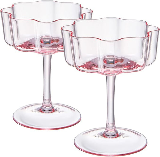 Khen Flower Vintage Wavy Petals Wave Glass Coupes 7oz Colorful Martini, Champagne & Cocktails - 2 Set - Rippled & Champagne Glasses, Bar Glassware Copyright Design (Pink)