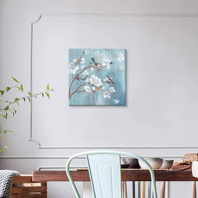 White Floral Canvas Artwork Wall: Elegant Flower Tree and Birds Wall Art Painting for Living Room (20'' x 20'' x 1 Panel)