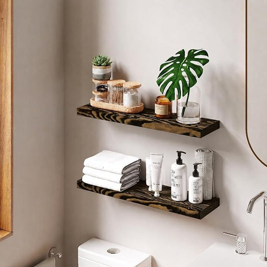 Howizz 24'' Wood Floating Shelves for Wall, Acacia Wood Wall Mounted Shelves with Invisible Brackets, Rustic Wooden Shelf Set of 2 for Living Room, Bedroom, Bathroom, Kitchen Decor, Dark Brown Finish