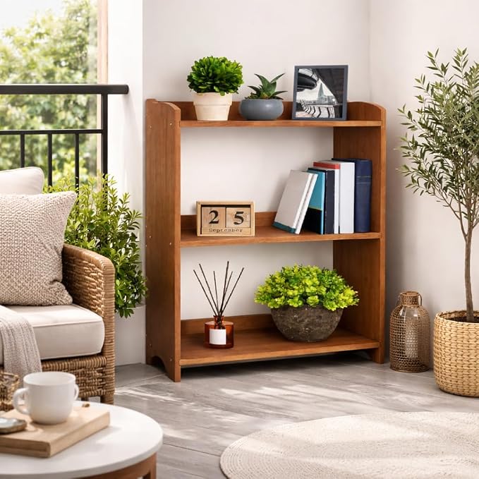 Narrow Bookcase by Natural Wood, 3 Tier Bookshelf, Small Book Shelves Freestanding Display Storage Shelves. Open Bookshelf for Bedroom, Living Room and Office (Brown, 3 Tier Simple)
