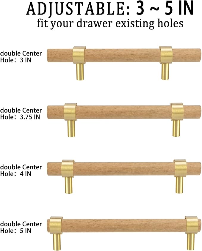 Natural Wood Kitchen Cabinet Handles 2~5 Inch 4Set Center to Center Adjustable Double Hole Euro Scandi-Modern Dresser Knob, Unfinished DIY Drawer Pull, Brushed Brass Base