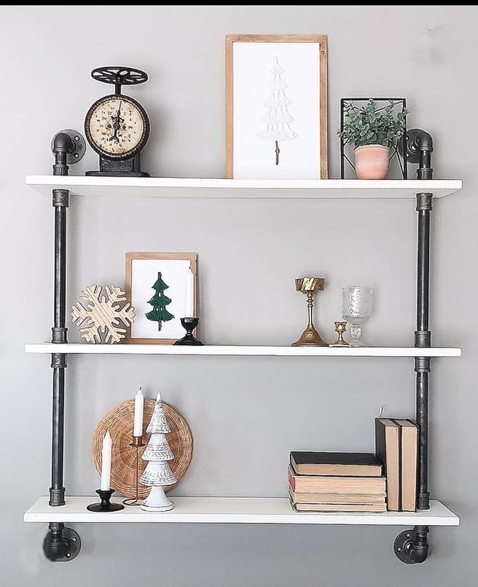 HDDFER Industrial Pipe Shelving Rustic White Pipe Wall Shelves Bathroom Shelves with Wood Planks Industrial Floating Shelves 30 Inch Farmhouse Bookshelf Pipe Shelves Wall Mounted