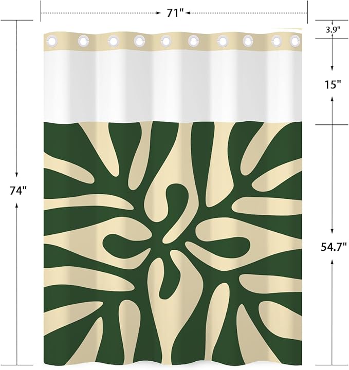 No Hook Shower Curtain and Snap in Liner Set, Matisse-Inspired Abstract Green Botanical Shower Curtains for Mid-Century Modern Boho Bathroom, Mesh Top Waterproof Bath Curtain, 71Wx74H