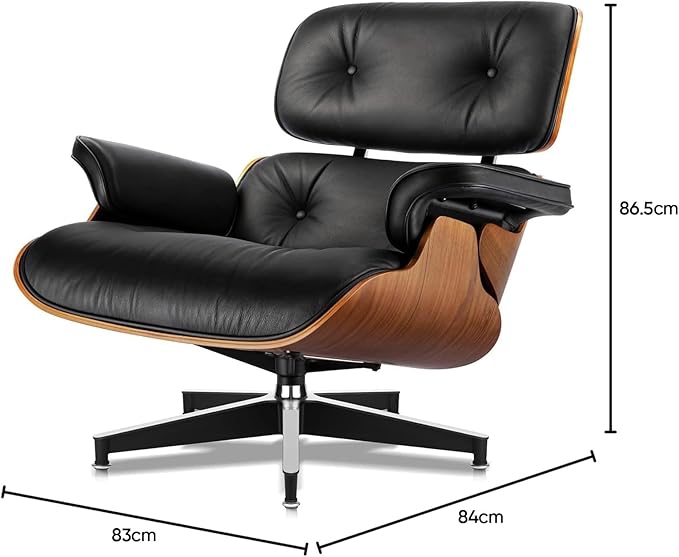 Top Black Grain Leather Mid Century Chaise Lounge Chair with Ottoman, Recliner Chaise Lounge, Modern Accent Chair for Living Room Office (Light Walnut)