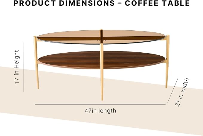 Shrine Oval Coffee Table, Mid-Century Modern Design, 2-Tier Structure, Amber Glass Top and Walnut MDF Shelf, 47" D x 21" W x 17" H, Sleek Conical Metal Legs with Gold Finish