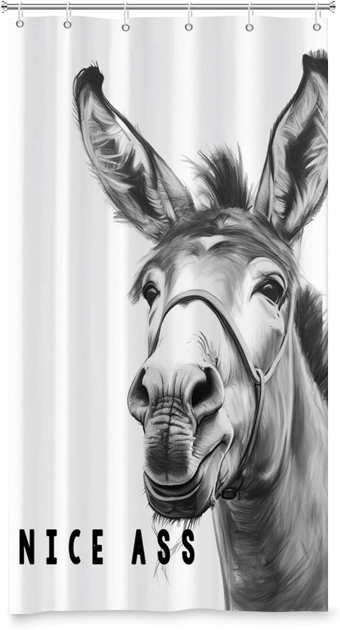 Funny Donkey Shower Curtains Joke Hilarious Animal Bathroom Curtain Rustic Farmhouse Cute Donkey White Shower Curtain Sets for Bathroom Extra Long 54x72 in with 10 Hooks