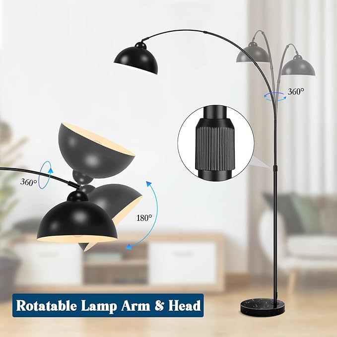 Modern Arc Floor Lamp with Metal Hanging Dome Shade, Industrial Adjustable Over the Couch Stand Up Light, Marble Base Farmhouse Tall Task/Reading Standing Lamp for Living Room Bedroom Office, Black