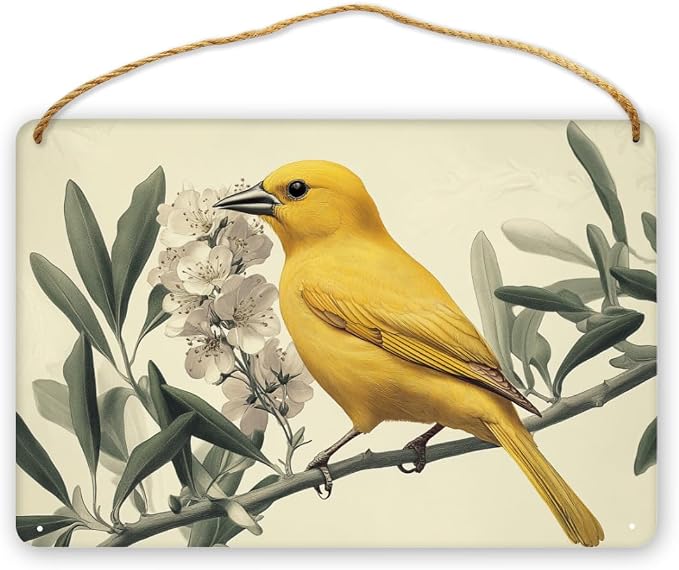Artistic Retro Yellow Bird on Floral branches Wooden Wall Art, Botanical Home Decors for Vintage Lovers, 12x8 Inch Wood Sign to Add Charm to Your Study