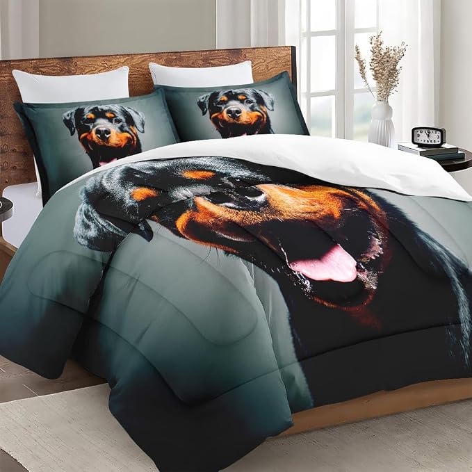 Comforter Set with Pillowcase Twin Size, Cute Happy Grey Rottweiler Dog, Bed Decor Black Arctic Animal for Kids and Adults, Soft Cozy Bedroom Bedding Set