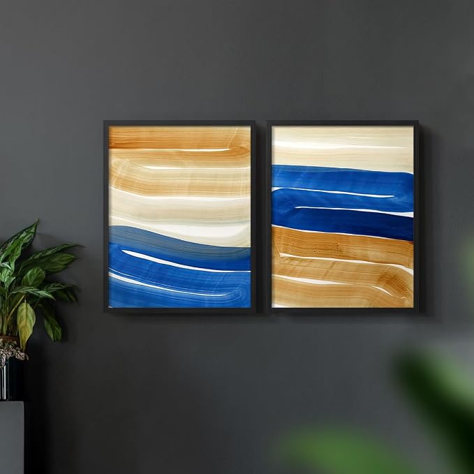Renditions Gallery Set of 2 Peel & Stick Framed Prints, Abstract Wall Art, Blue and Gold Wave Textured Background Wall Decor, Re-Stickable - Ready to Hang - 22"x28" - Black Frame LT588