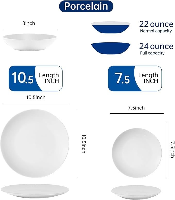Bestone 12-Piece Round Porcelain Dinnerware Set, Service for 4, Chip Resistant Plates and Bowls,White, Dishwasher & Microwave Safe for Home Daily Use