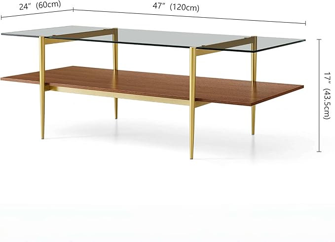 X-Large Rectangle Glass Coffee Table, Mid-Century Modern Design for Living Room, L47xW24xH17 inch, 2-Tier Structure, Clear Glass Top and Walnut MDF Shelf, Conical Metal Legs with Gold Finish