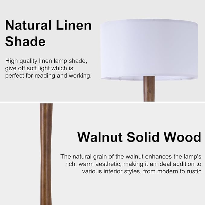 62" Tall Rustic Wood Floor Lamp for Living Room, Farmhouse Walnut Wood Floor Lamps with Linen Shade for Reading, UL Listed Stand Lamps with Woods Base for Bedroom, Corner, Office, White Shade
