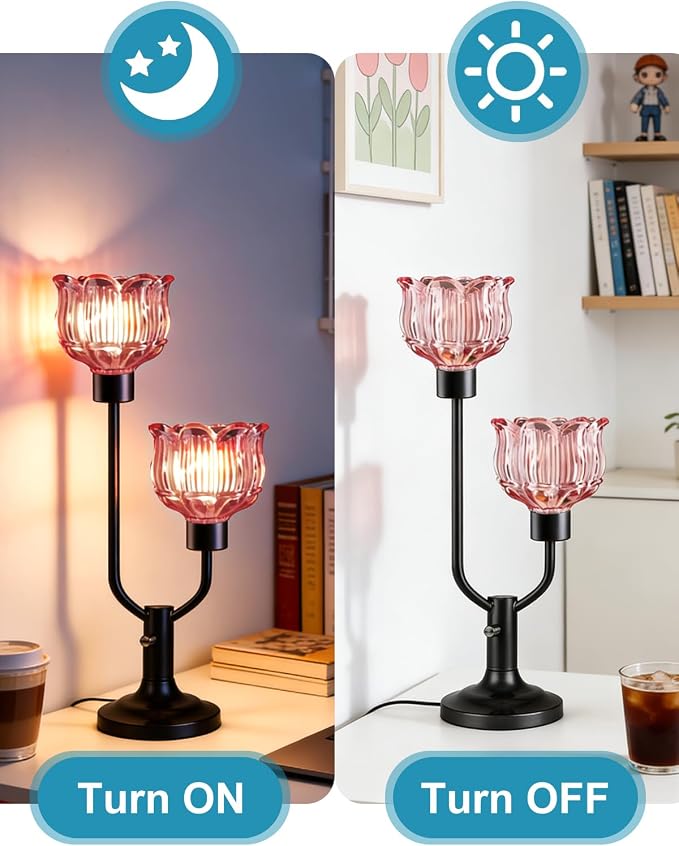 Lightdot Mid Century Modern Red Table Lamp Dimmable Vintage Black Flower Desk Lamp Lotus Glass Nightstand Lamp 2 Bulbs Included Warmwhite Ambient Bedside Lamp for Living Room Bedroom Home Office Decor