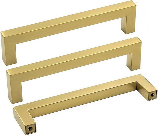 goldenwarm Brushed Brass Cabinet Pulls 1 Pack Kitchen Hardware - LSJ12GD115 Modern Gold Drawer Knobs 4-1/2 Inch Hole Centers Square Bathroom Cabinet Pulls Dresser Handles