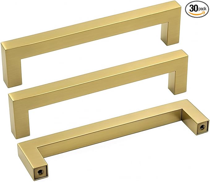goldenwarm Gold Kitchen Cabinet Hardware Brass Pulls for Cabinets - LSJ12GD115 Modern Square Drawer Dresser Knobs Cupboard Handles 4-1/2" Hole Center 30 Pack Drawer Pulls