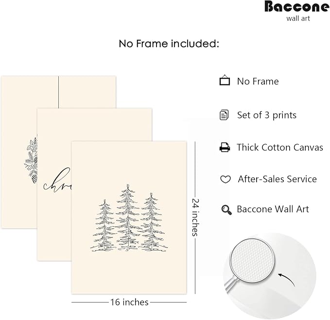 Baccone Christmas Wall Art Winter Xmas Canvas Decor Merry Christmas Wall Art Minimalist Vintage Painting Beige Farmhouse Prints Holiday Poster for Bathroom 16x24x3 Inch Unframed