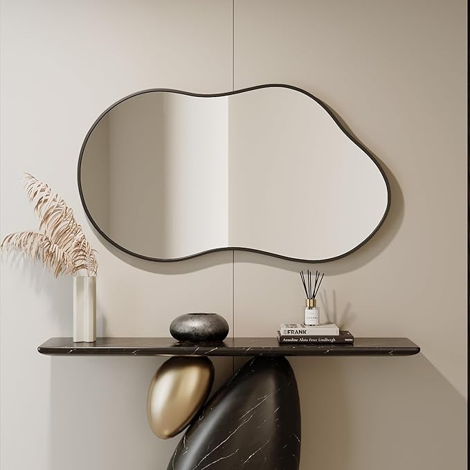 Irregular Wall Mirror - 20''×36'' Asymmetrical Decorative Tempered Glass Aluminum Alloy Framed Mirrors Cloud Mirror Wavy Mirrors for Bathroom, Bedroom, Living Room, Entryway（Black）