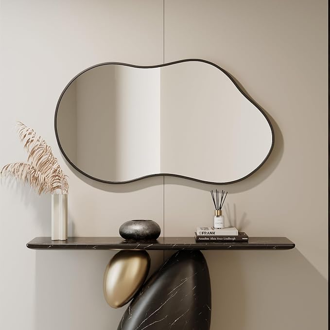 Irregular Wall Mirror - 24''×36'' Asymmetrical Decorative Tempered Glass Aluminum Alloy Framed Mirrors Cloud Mirror Wavy Mirrors for Bathroom, Bedroom, Living Room, Entryway（Black）
