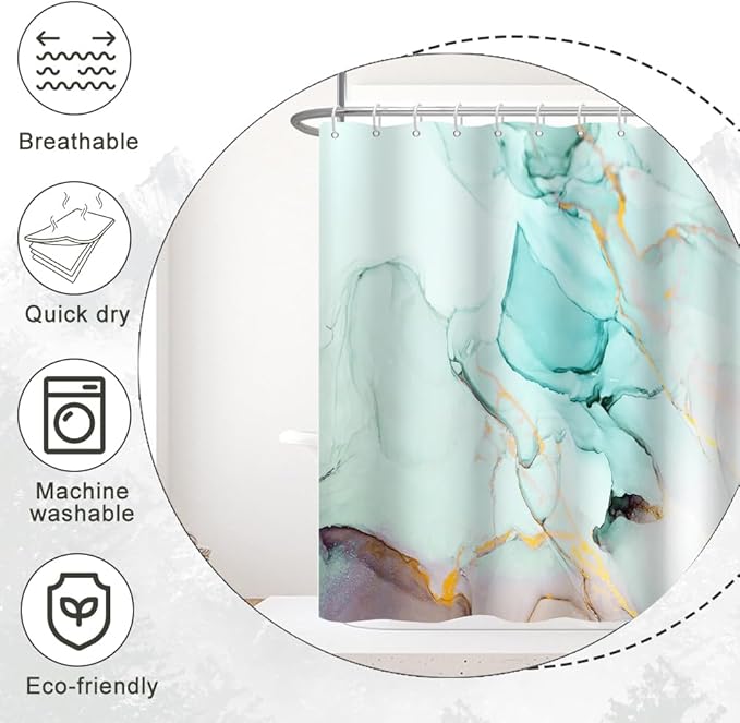 Turquoise Shower Curtain, Modern Teal Marble Shower Curtain for Bathroom Aesthetic Ink Texture Waterproof Shower Curtain Set with Hooks, 72x96 Inch