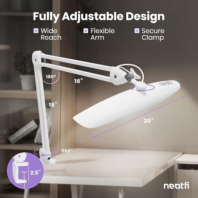 Neatfi XL Nail Desk Lamp with Clamp, 2200 Lumens, 20-Inch Wide Head, Dimmable 4 Levels, 6500K, LED Task Light for Manicure Table, Crafts, Workbench, Office (Non-CCT, White)