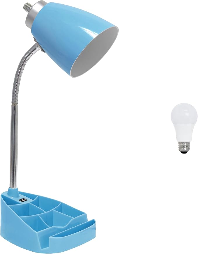 Simple Designs LD1056-BLU-LB 18.5" Gooseneck Organizer Desk Lamp with iPad Tablet Stand Book Holder and USB Port, with LED Bulb, Blue